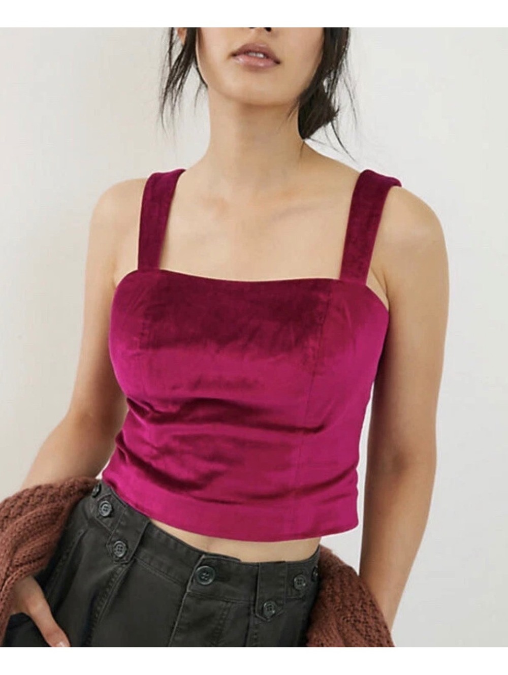 Maeve Anthropologie Velvet Corset Crop Top Pink Magenta Size 6 Square Neck Zip
